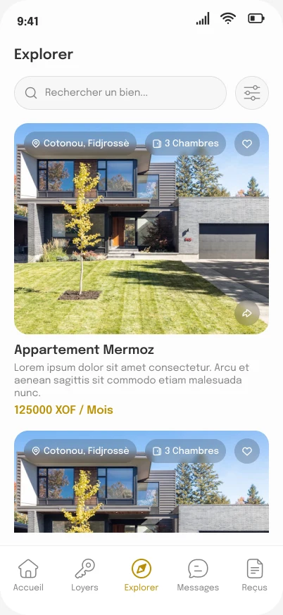 Écran de la marketplace Trustimo : recherche de logements avec filtres, favoris et annonces