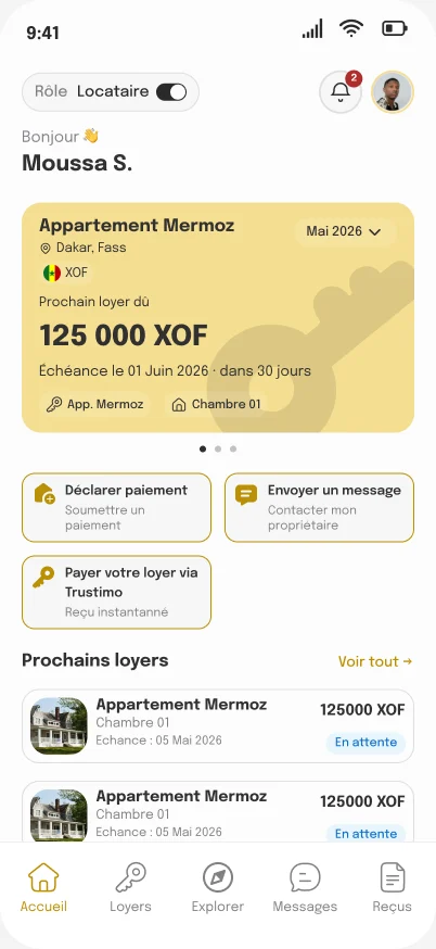 Écran locataire de l'application Trustimo : prochain loyer dû et déclaration de paiement