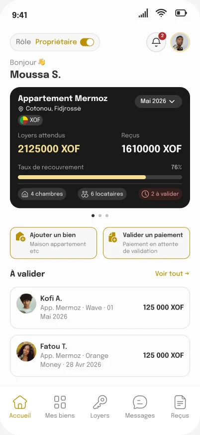 Écran propriétaire de l'application Trustimo : tableau de bord des loyers et paiements à valider