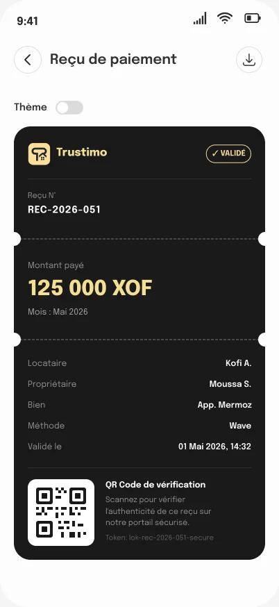 Reçu de paiement Trustimo avec QR code de vérification